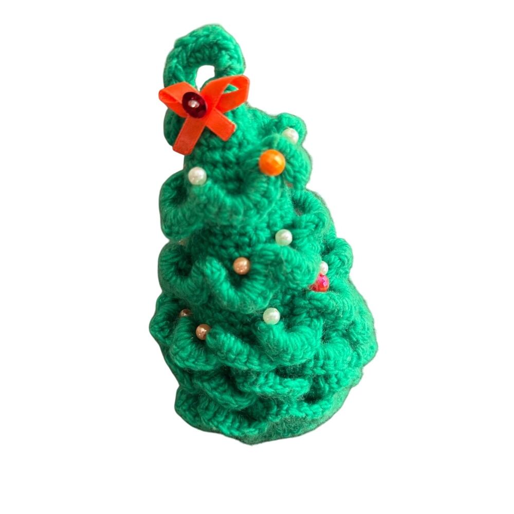 Hand Crotched Christmas Tree‎ Ornament With Beads And Bow Ribbon